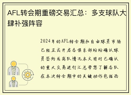 AFL转会期重磅交易汇总：多支球队大肆补强阵容